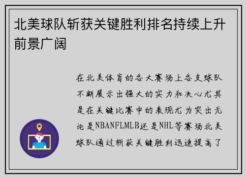 北美球队斩获关键胜利排名持续上升前景广阔