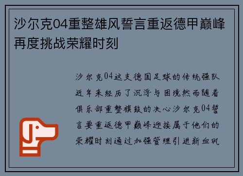 沙尔克04重整雄风誓言重返德甲巅峰再度挑战荣耀时刻